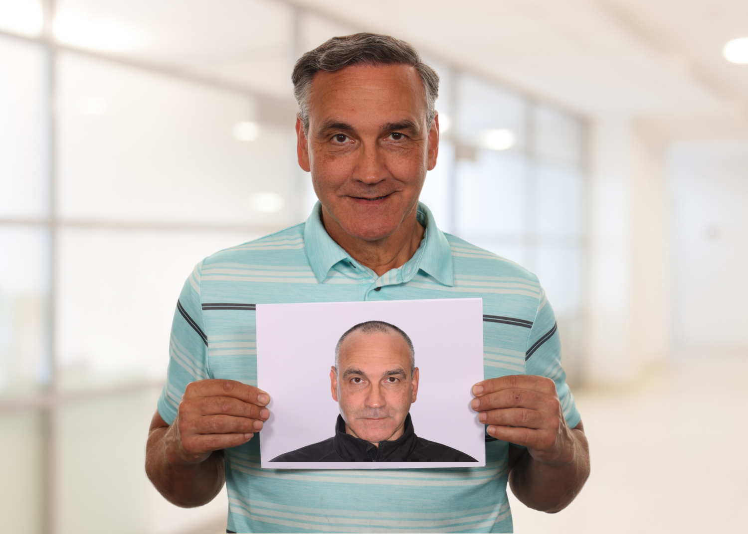 man holding his before image and showing off full head of hair after hair transplant